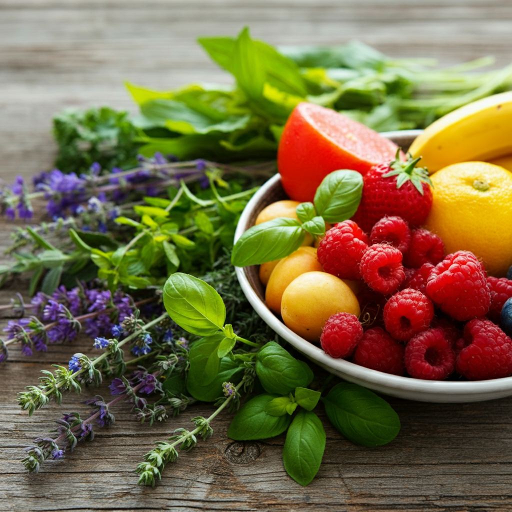 A bowl of fresh fruits including raspberries, strawberries, apricots, and citrus, surrounded by fresh herbs like basil and lavender on a rustic wooden table.