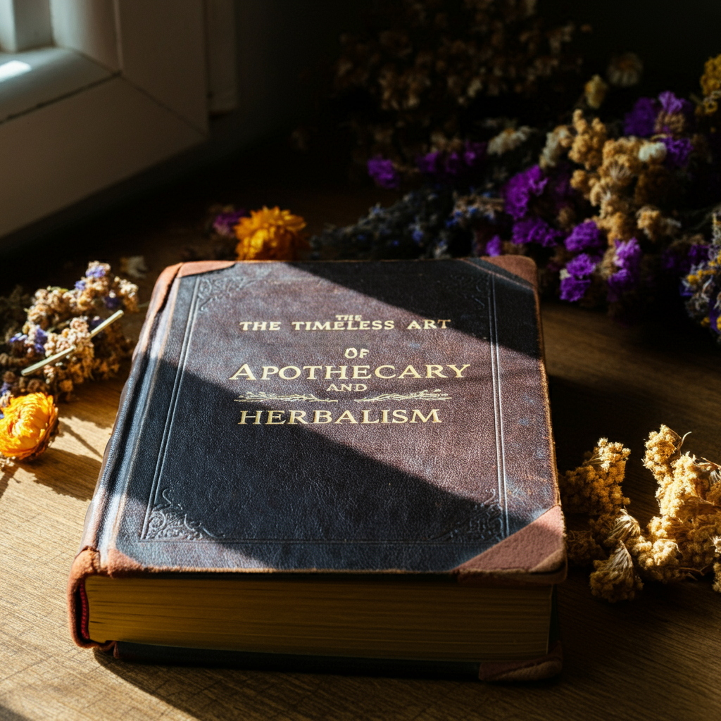 A vintage leather-bound book titled "The Timeless Art of Apothecary and Herbalism" resting on a wooden table, surrounded by dried herbs and flowers, with sunlight streaming through a nearby window.