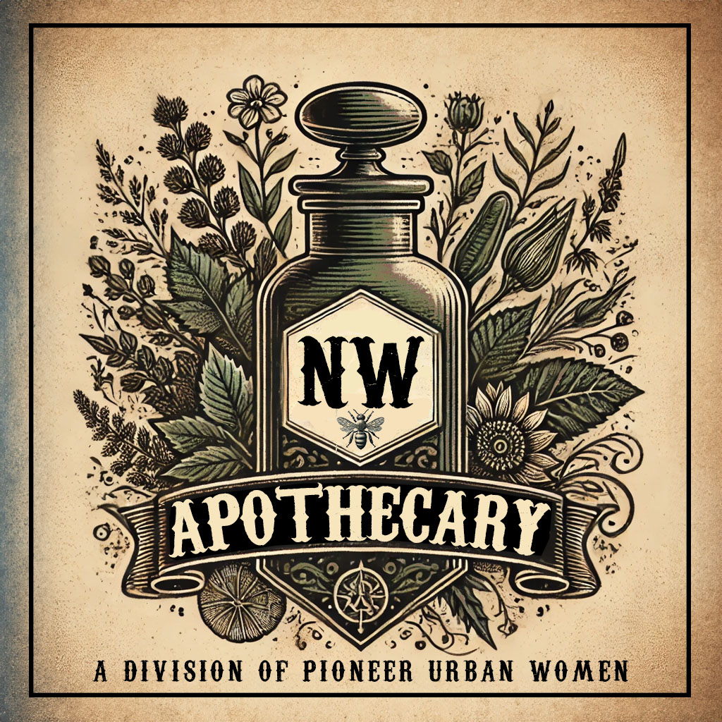 NW Apothecary logo featuring an herbal design with a vintage apothecary jar and floral details.