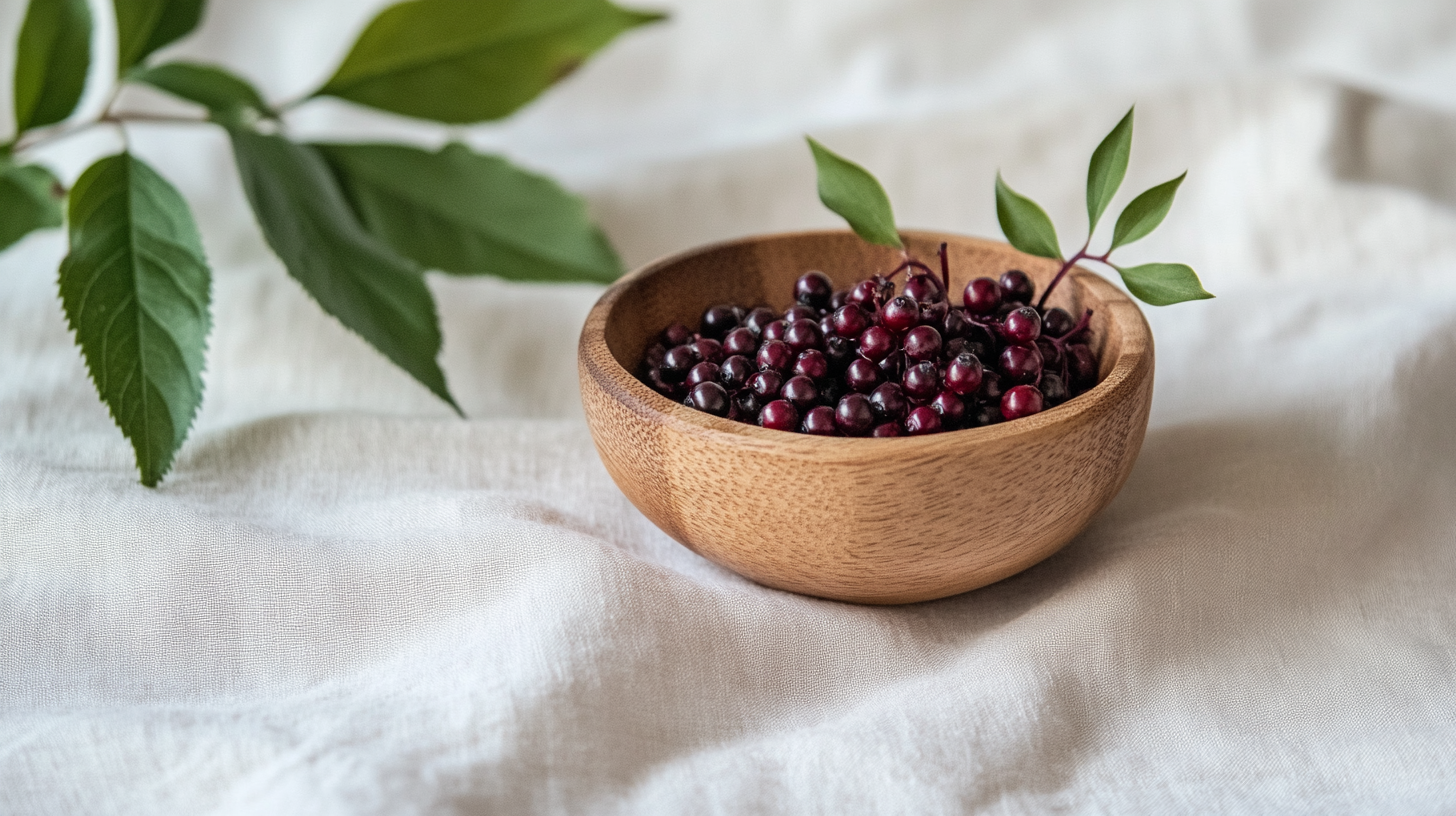 A small wooden bowl filled with ripe elderberries, placed on a white linen cloth with green leaves in the background.