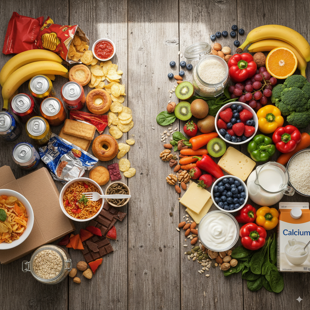 Split contrast of ultraprocessed foods like soda, chips, instant noodles on the left and whole foods like fruits, vegetables, grains, and dairy on the right.