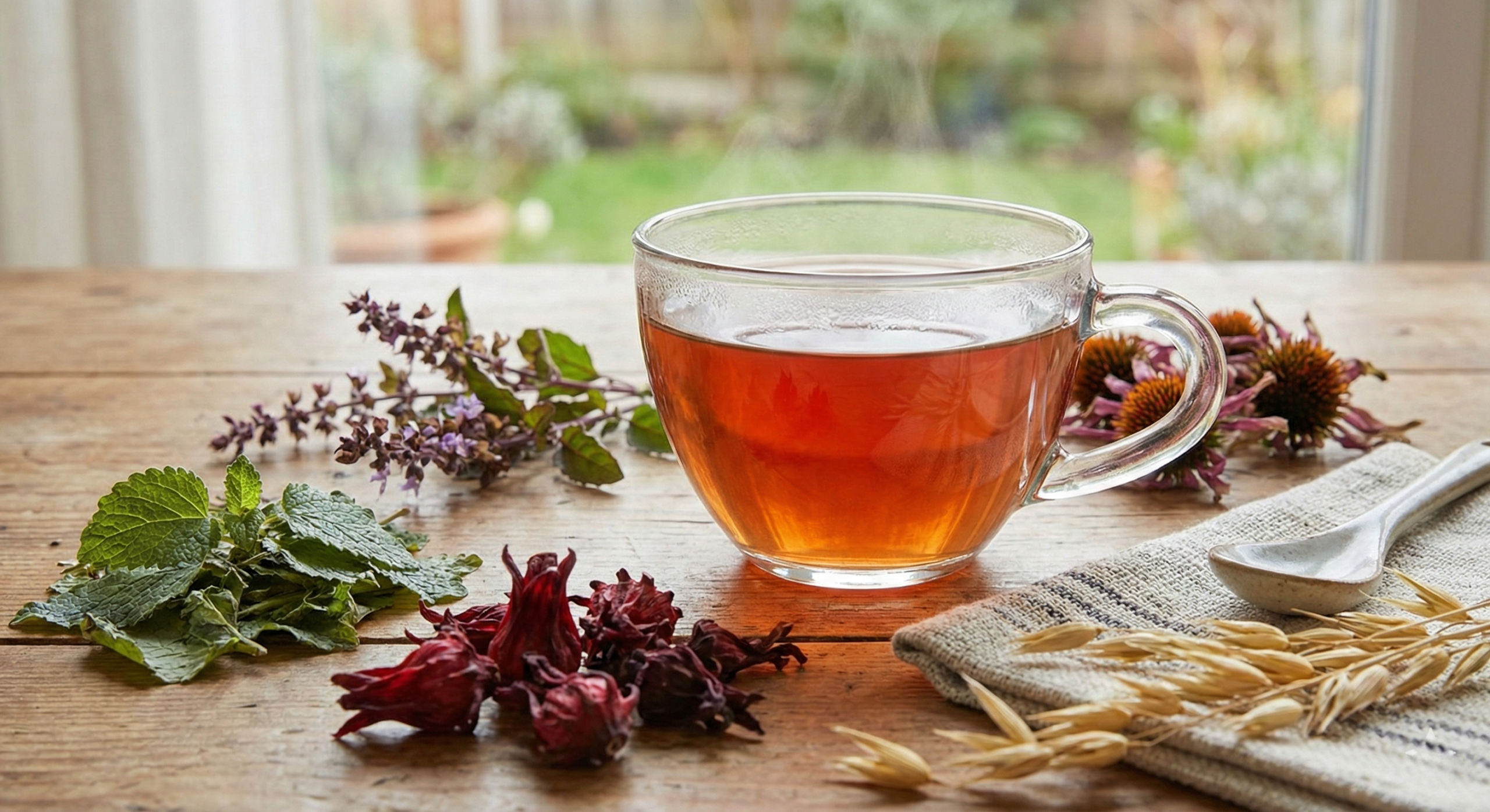 A steaming glass cup of herbal tea on a rustic wooden table surrounded by fresh lemon balm, hibiscus, tulsi, and oat straw.