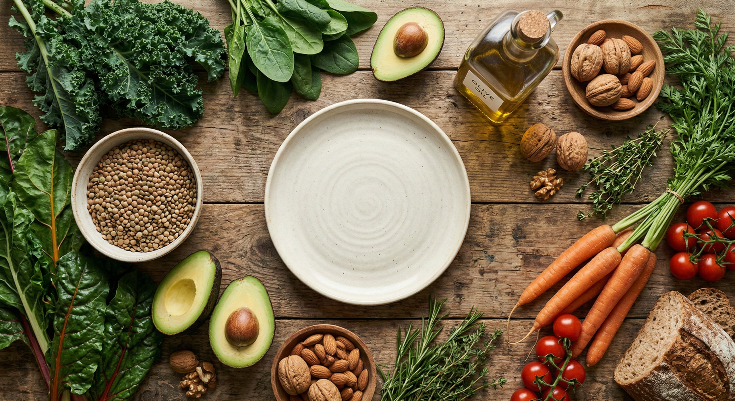 A variety of nutrient-dense whole foods including greens, legumes, and healthy fats on a rustic wooden table.