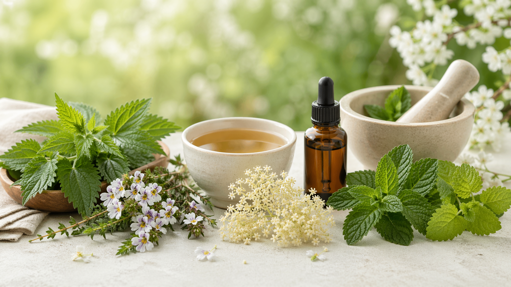 Natural allergy relief herbs arranged beside herbal tea and an amber tincture bottle in a bright spring
