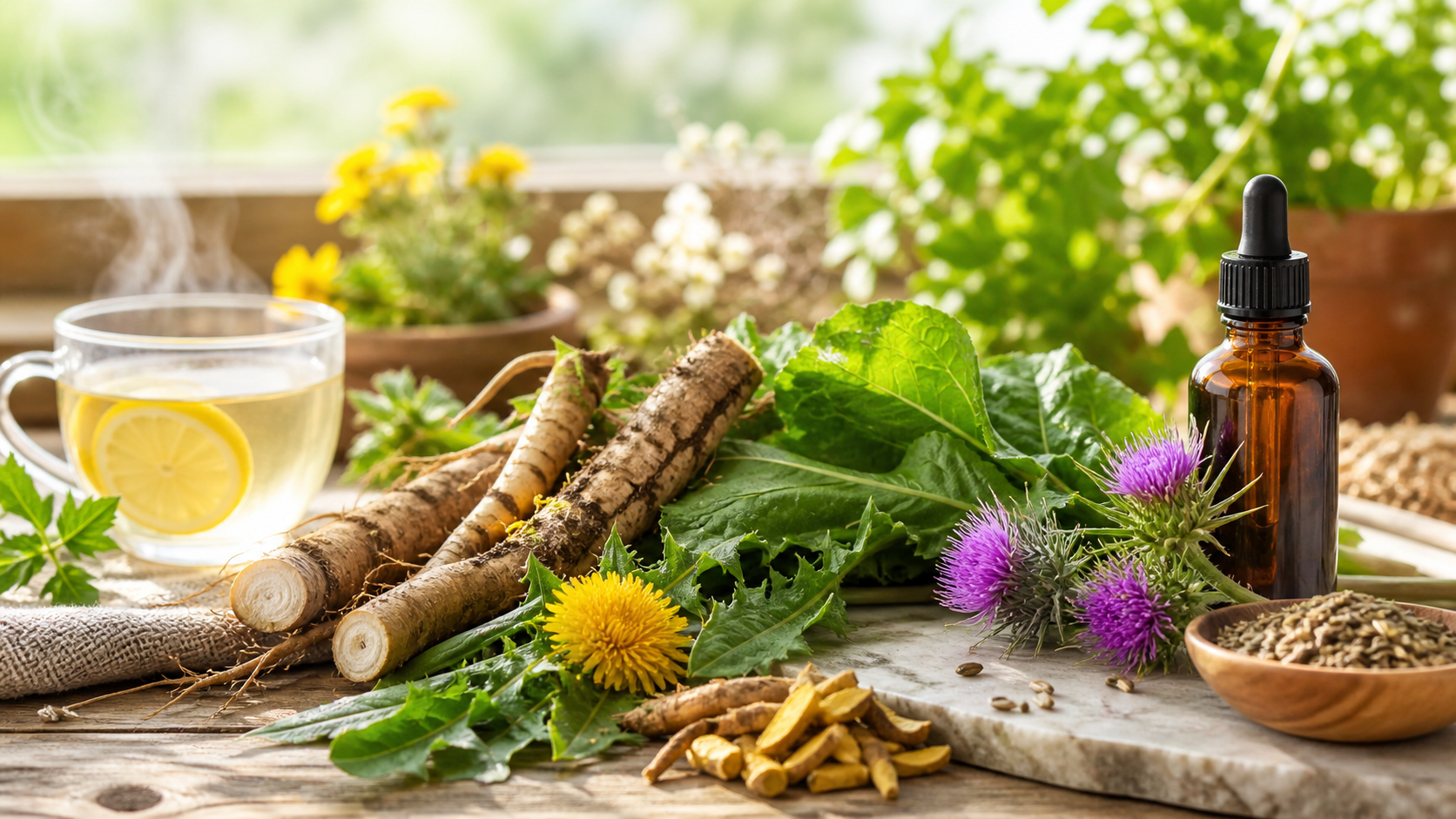 Spring detox herbs with dandelion root, burdock root, yellow dock, milk thistle, lemon water, and an herbal tincture bottle.