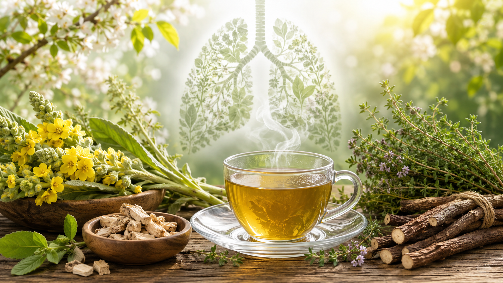 Cup of herbal tea with mullein, marshmallow root, thyme, and licorice root for spring lung support