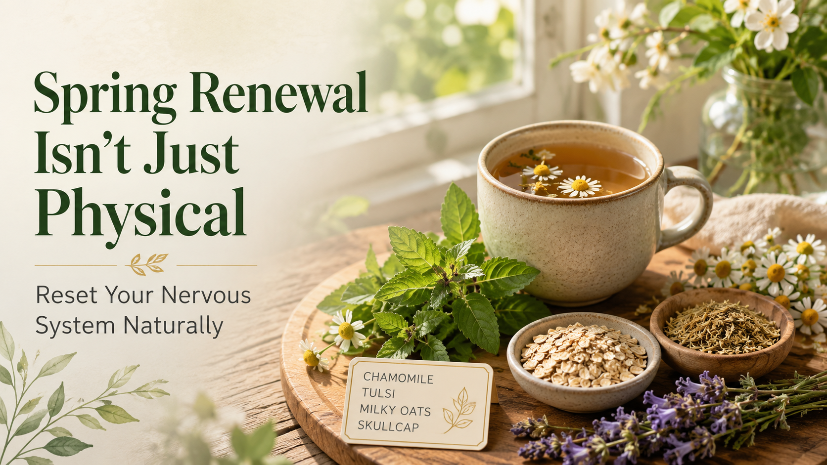Cup of herbal tea with chamomile, tulsi, milky oats, and skullcap beside text about spring nervous system support